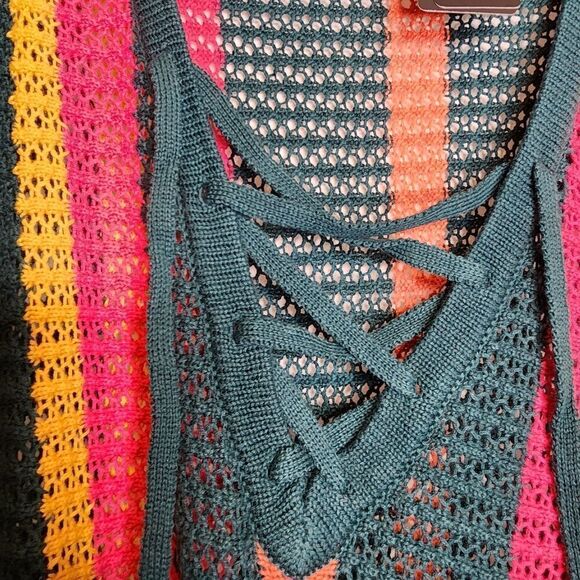 4X 26W Torrid Green Yellow Stripe Open Stitch Pullover Sweater Pocket Fringe lon - Picture 3 of 10